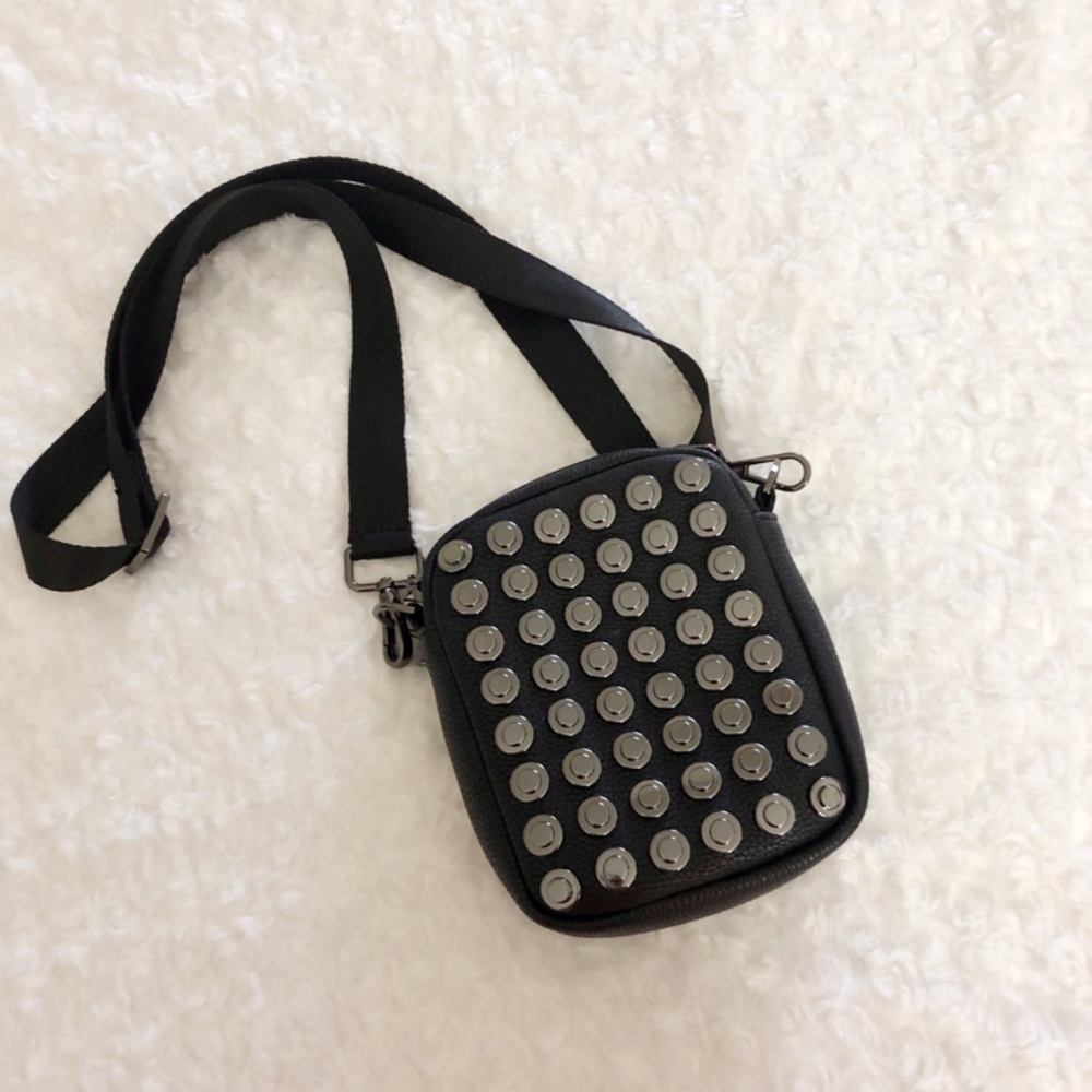 BLACK EMBOSSED MINI CROSSBODY BAG WITH STUDS